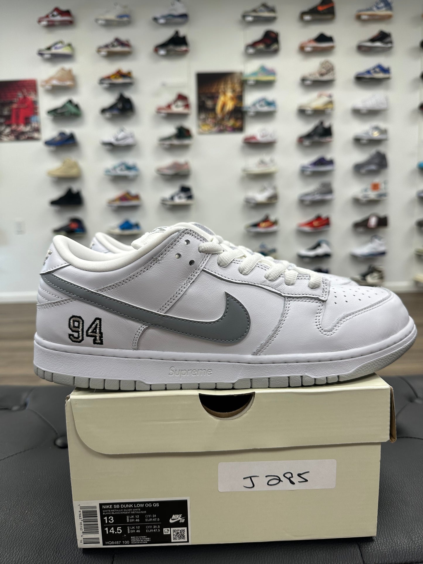 Nike SB Dunk Low Supreme 94 White Metallic Silver - Size 13