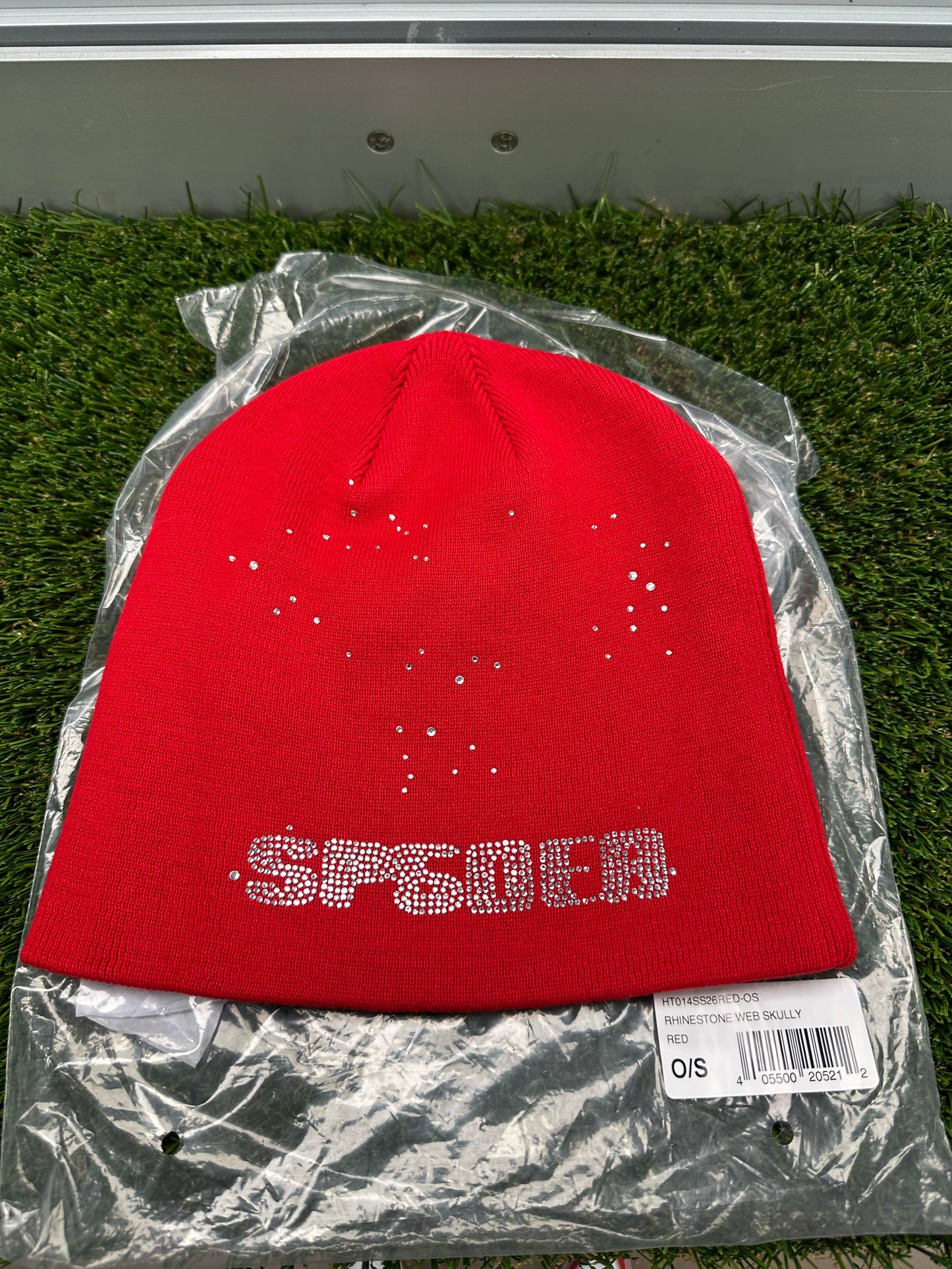 Sp5der Rhinestone Skully Beanie Red
