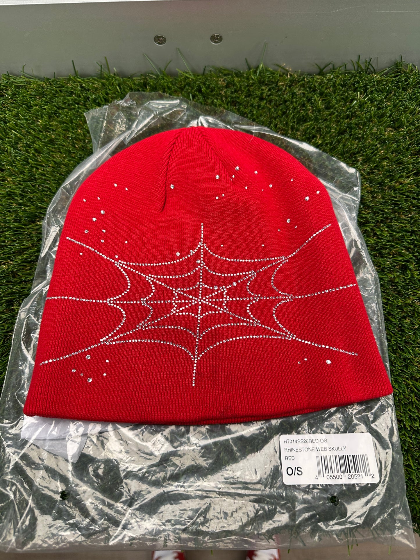 Sp5der Rhinestone Skully Beanie Red
