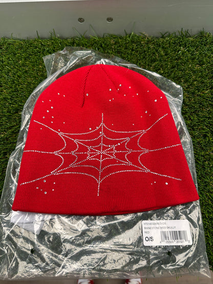 Sp5der Rhinestone Skully Beanie Red