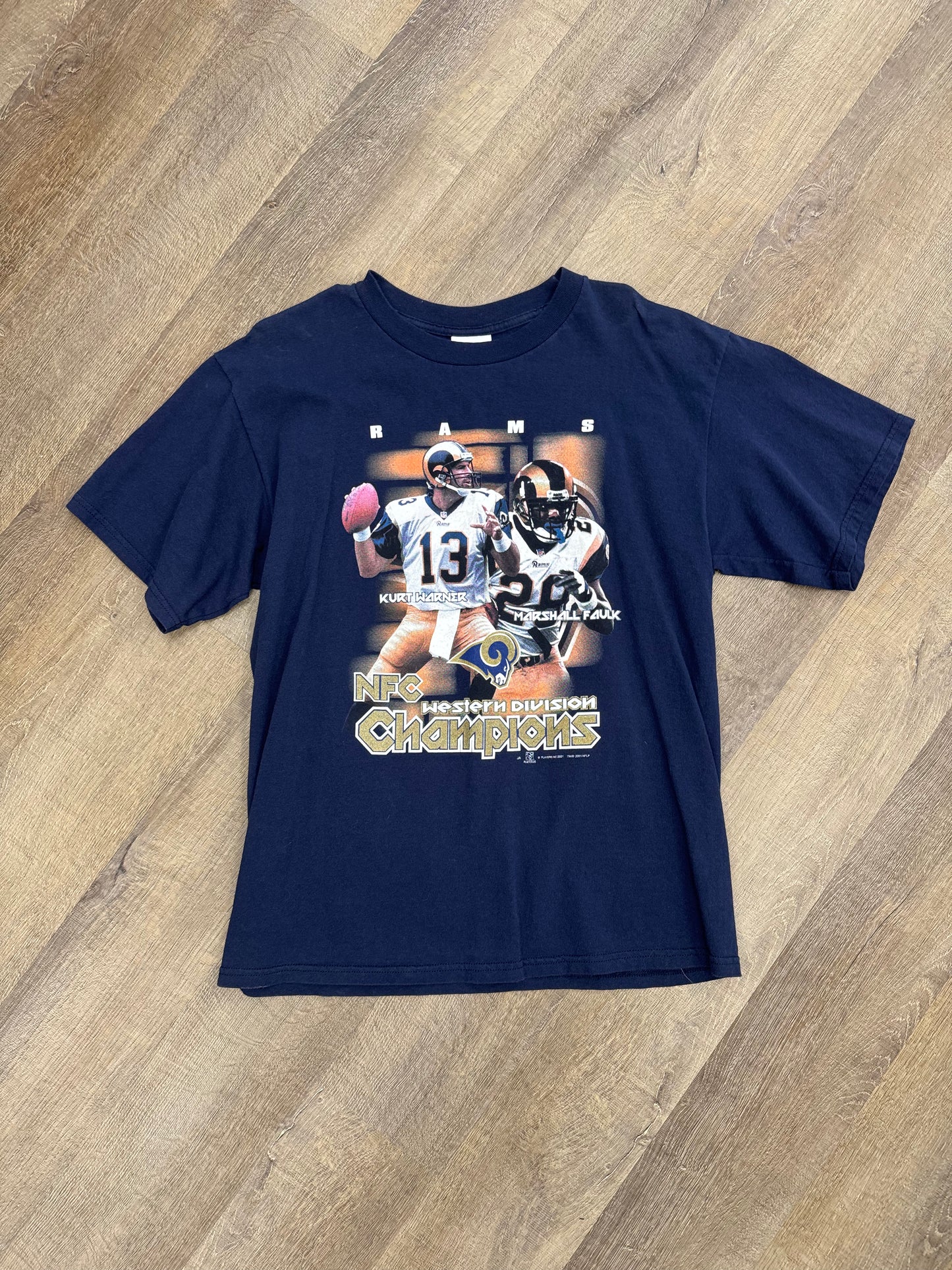 St Louis Rams 2002 Kurt Warner Marshall Faulk Super Bowl Tee - Size Large (U)